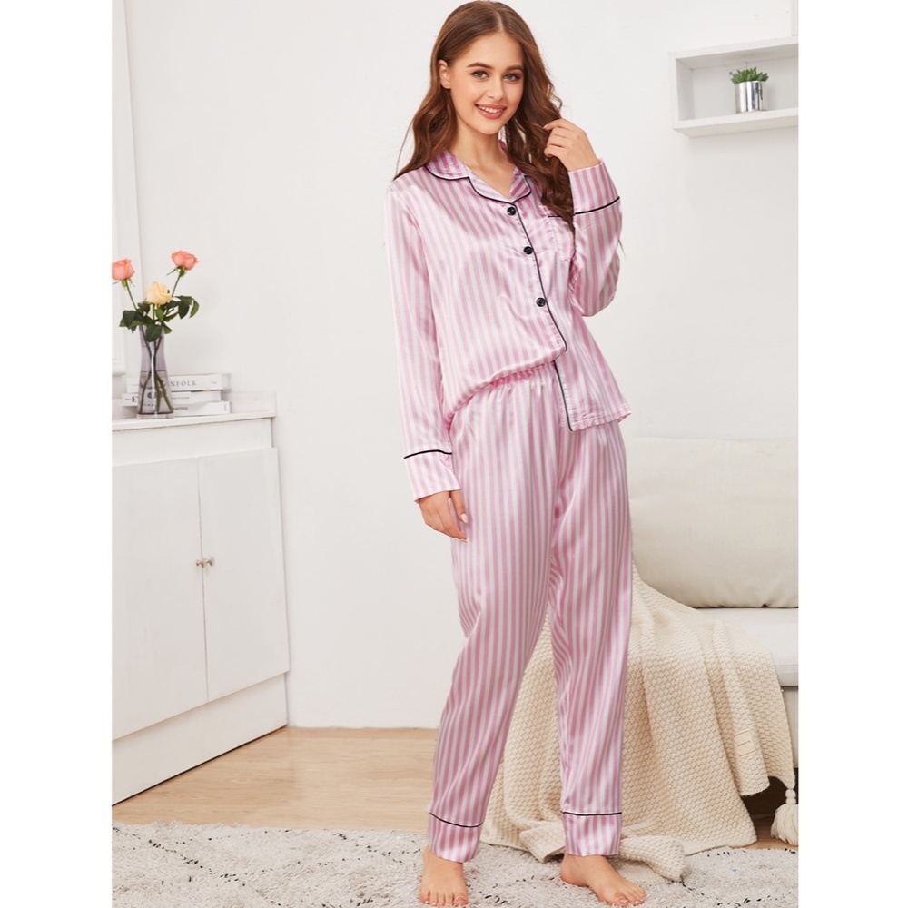 Satin Pink Stripes 2 Piece Pajamas Set - Picture 2 of 6